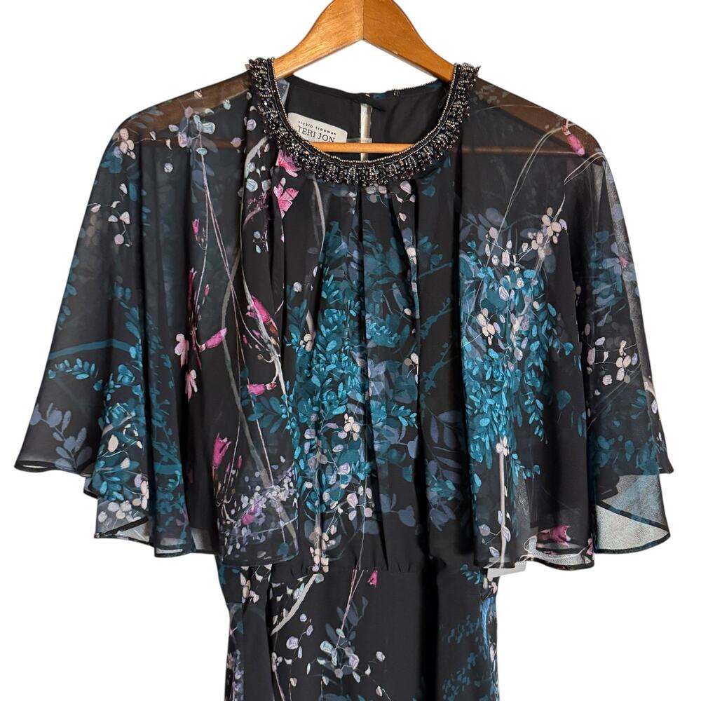 Teri Jon Rickie Freeman Chiffon Capelet Black Floral Cocktail Midi Dress 8 - Picture 8 of 14